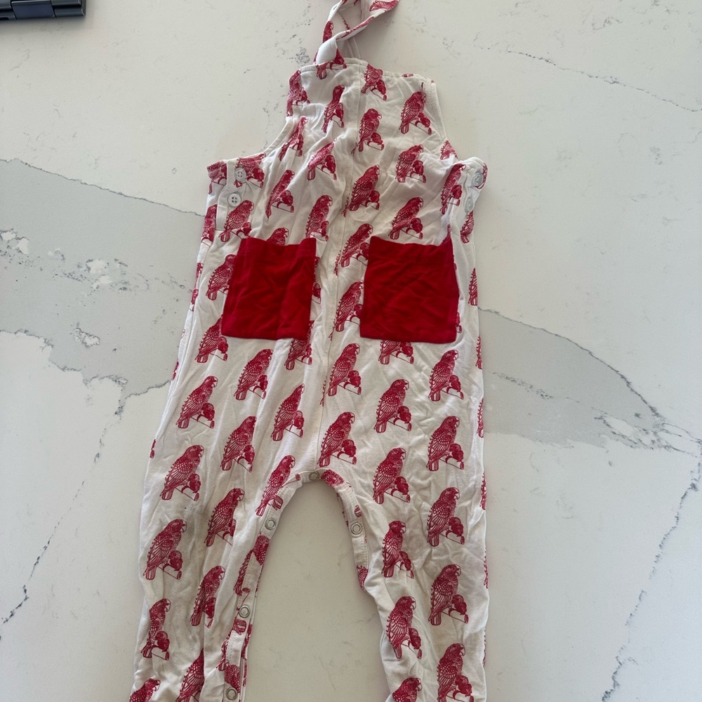 Kate Quinn Red and Cream parrot Print Overalls
